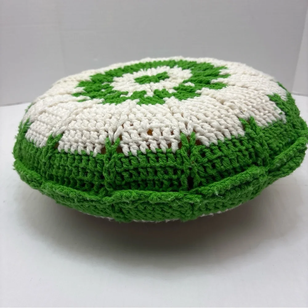 Vintage Crochet Pillow Flower Green White Knit Handmade Foam Cushion Retro
